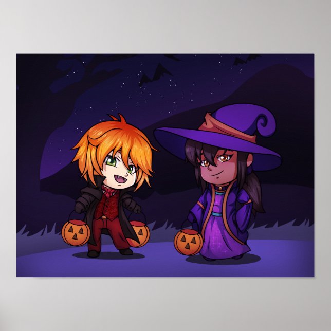 Halloween Witch and Vampire Chibi  Poster (Front)