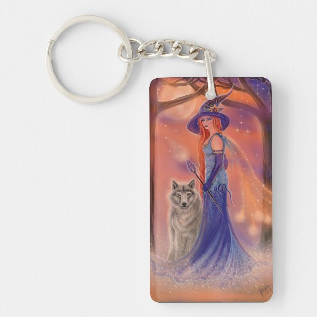 Halloween witch and wolf by Renee Lavoie  Keychain (Front)