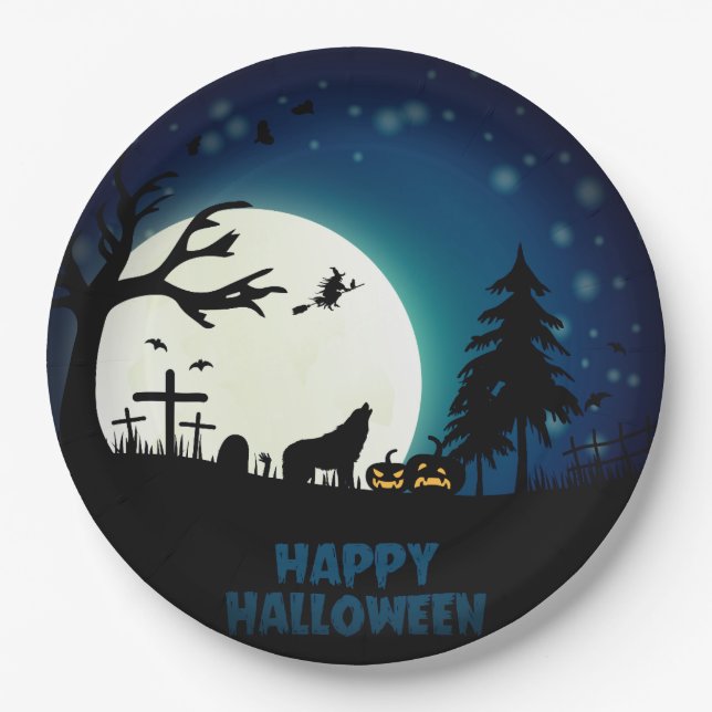 Halloween Witch And Wolf Fullmoon Paper Plate (Front)