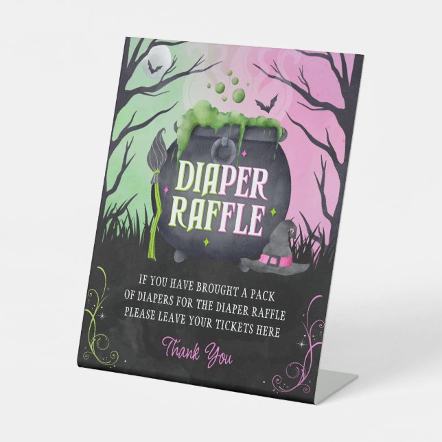 Halloween Witch Baby Shower Diaper Raffle Table Pedestal Sign (Front)