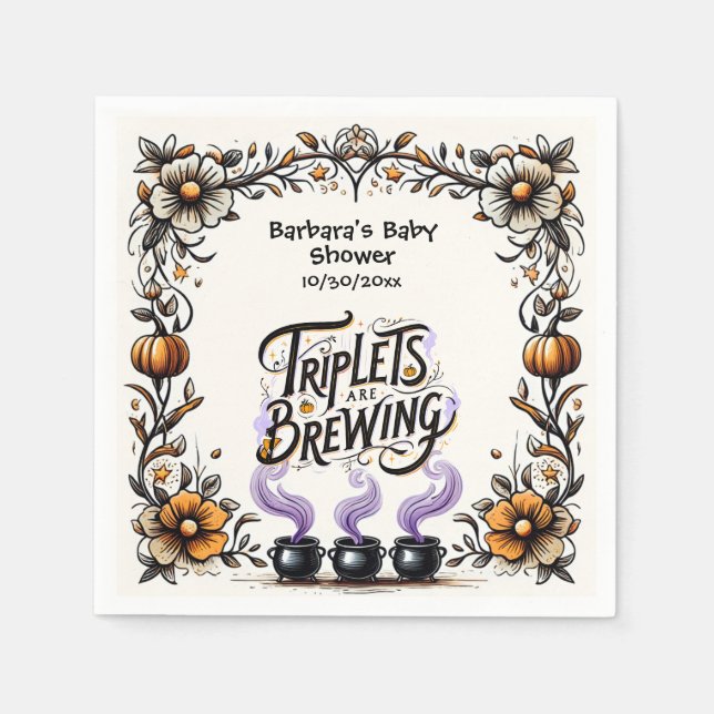 Halloween Witch Baby Shower - Triplets Are Brewing Napkin (Front)
