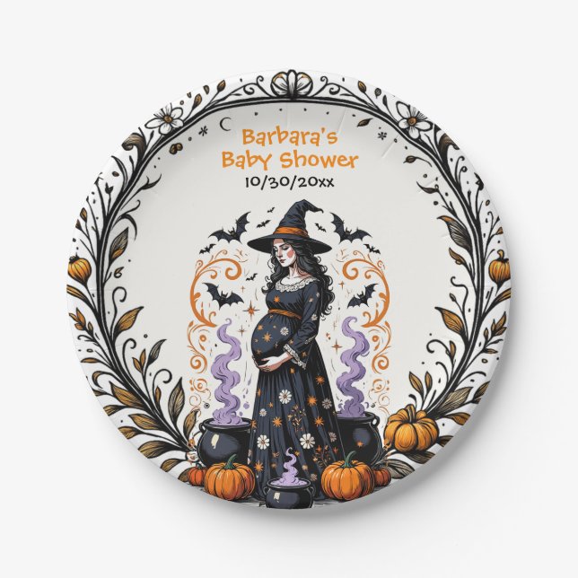Halloween Witch Baby Shower - Triplets Are Brewing Paper Plate (Front)