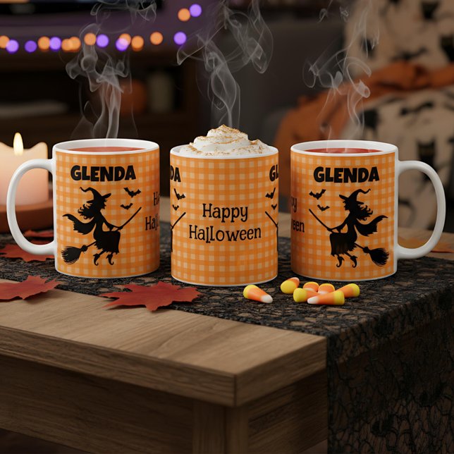 Halloween Witch & Bats Orange Plaid Custom Name Coffee Mug (Creator Uploaded)
