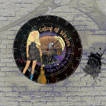 Halloween Witch Birthday Black Dart Board<br><div class="desc">Is your birthday in October ? Want to play games? How about a Halloween Birthday DART BOARD? This is a great design with a Halloween witch in a black dress making a brew,  with a tree,  moon owl,  and crawling purple spider in the background.  All text is customizable.</div>