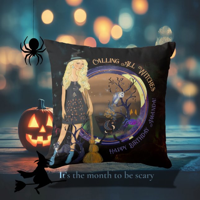 Halloween Witch Birthday Black  Throw Pillow (Halloween Witch Birthday Black Throw Pillow)
