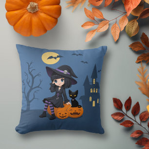 Halloween Witch, Black Cat, and Curved Pumpkins Throw Pillow