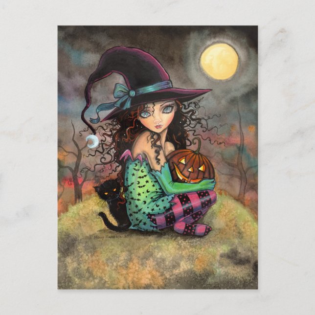 Halloween Witch Black Cat and Jack-O-Lantern Postcard (Front)