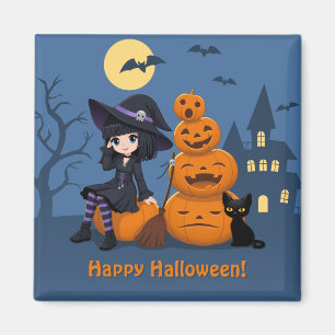 Halloween Witch, Black Cat, and Pumpkins Magnet