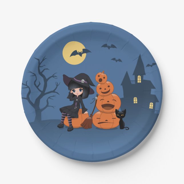 Halloween Witch, Black Cat, and Pumpkins Paper Plate (Front)