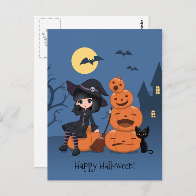 Halloween Witch, Black Cat, and Pumpkins Postcard (Front/Back)