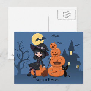 Halloween Witch, Black Cat, and Pumpkins Postcard