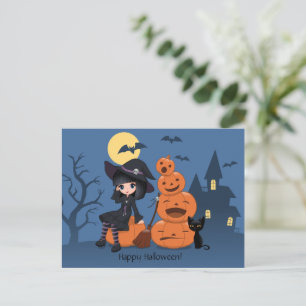 Halloween Witch, Black Cat, and Pumpkins Postcard