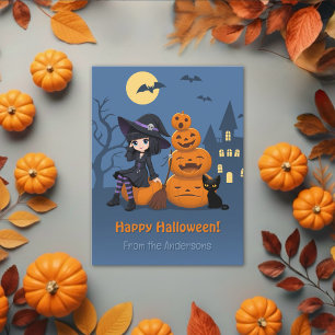 Halloween Witch, Black Cat, and Pumpkins Postcard