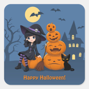 Halloween Witch, Black Cat, and Pumpkins Square Sticker