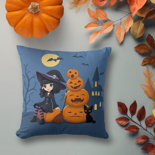 Halloween Witch, Black Cat, and Pumpkins Throw Pillow