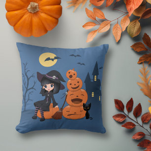 Halloween Witch, Black Cat, and Pumpkins Throw Pillow