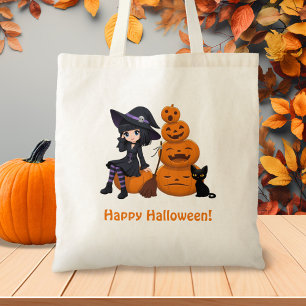 Halloween Witch, Black Cat, and Pumpkins Tote Bag
