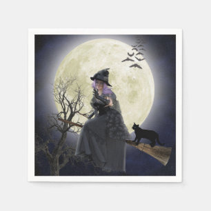 Halloween Witch, Black Cat, Bats and Full Moon  Napkin