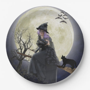 Halloween Witch, Black Cat, Bats and Full Moon  Paper Plate