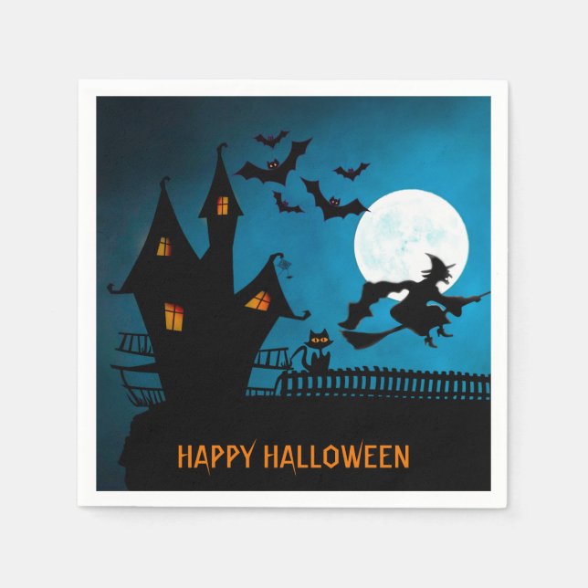 Halloween Witch Black Cat Bats Party Napkin (Front)