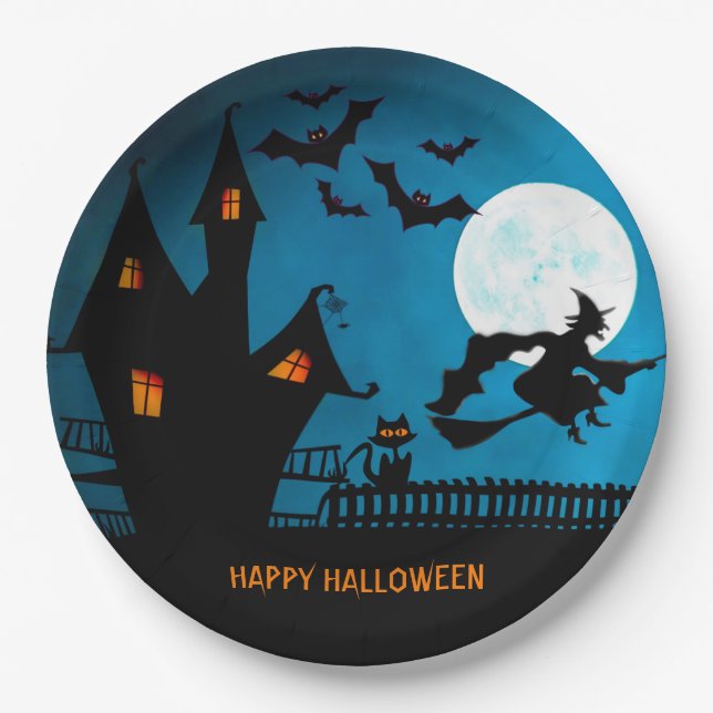 Halloween Witch Black Cat Bats Party Paper Plate (Front)