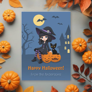 Halloween Witch, Black Cat, Curved Pumpkins Family Holiday Card