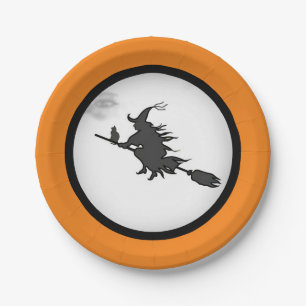 Halloween witch & black cat on orange & white paper plate