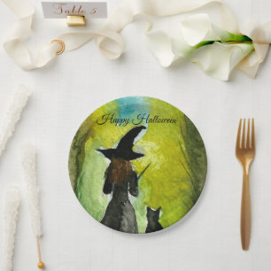 Halloween Witch Black Cat Woman Spells Paper Plate