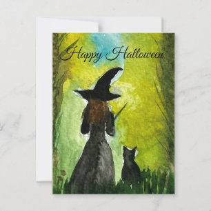Halloween Witch Black Cat Woman Spells Postcard