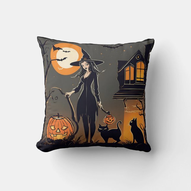 Halloween witch black cats haunted house bats throw pillow (Front)