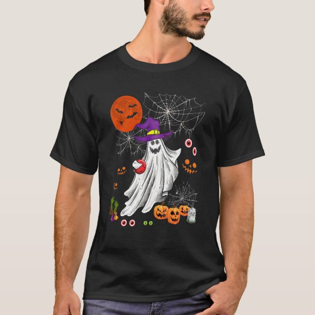 Halloween Witch Boo Ghost Playing Bowling Player T-Shirt (Front)