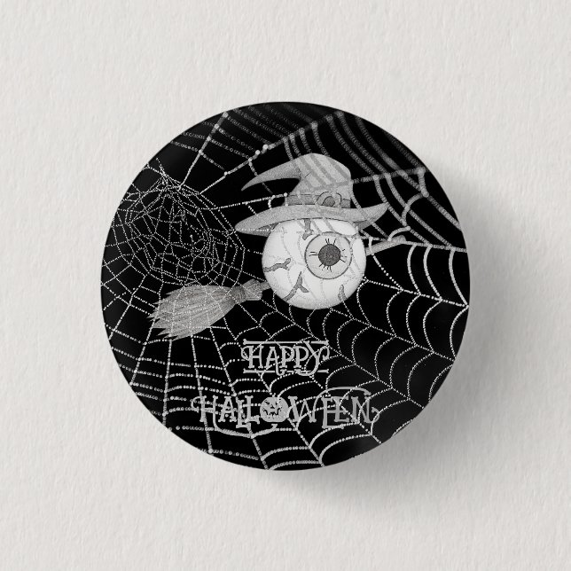 Halloween witch broom, scary eyeball, spider web 1 inch round button (Front)