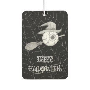 Halloween witch broom, scary eyeball, spider web air freshener