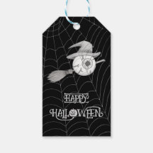 Halloween witch broom, scary eyeball, spider web