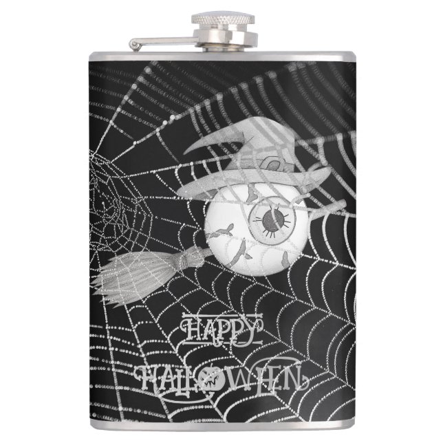 Halloween witch broom, scary eyeball, spider web hip flask (Front)