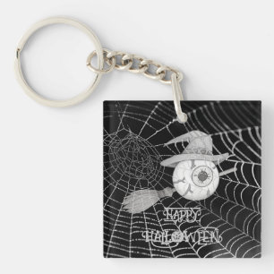 Halloween witch broom, scary eyeball, spider web keychain
