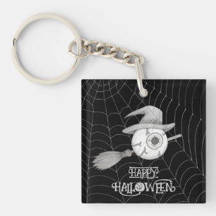 Halloween witch broom, scary eyeball, spider web keychain