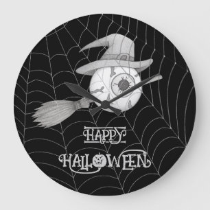 Halloween witch broom, scary eyeball, spider web large clock