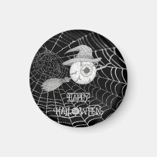 Halloween witch broom, scary eyeball, spider web magnet