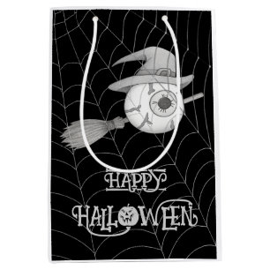 Halloween witch broom, scary eyeball, spider web medium gift bag