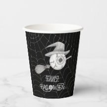 Halloween witch broom, scary eyeball, spider web