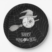 Halloween witch broom, scary eyeball, spider web