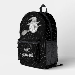 Halloween witch broom, scary eyeball, spider web printed backpack