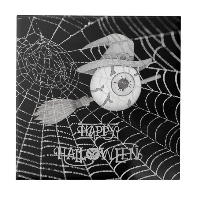 Halloween witch broom, scary eyeball, spider web tile (Front)
