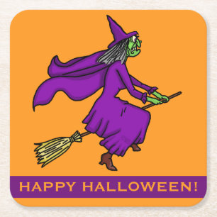Halloween Witch Cartoon Square Paper Coaster