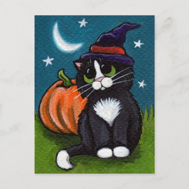 Halloween Witch Cat and Pumpkin Illustration Postcard (Front)