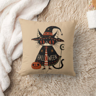 Halloween Witch Cat and Pumpkin Throw Pillow