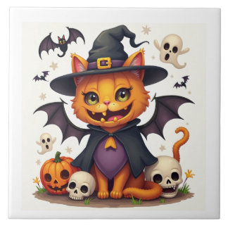 Halloween Witch Cat Ceramic Tile
