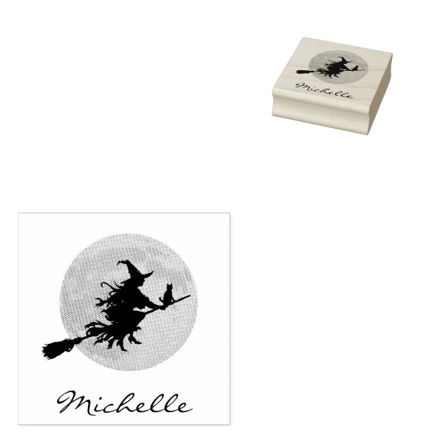 Halloween Witch Cat Flying Across a Full Moon      Rubber Stamp (Stamped)
