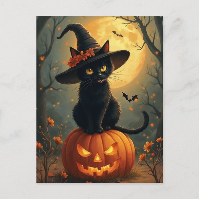 Halloween Witch Cat On A Pumpkin Holiday Postcard (Front)